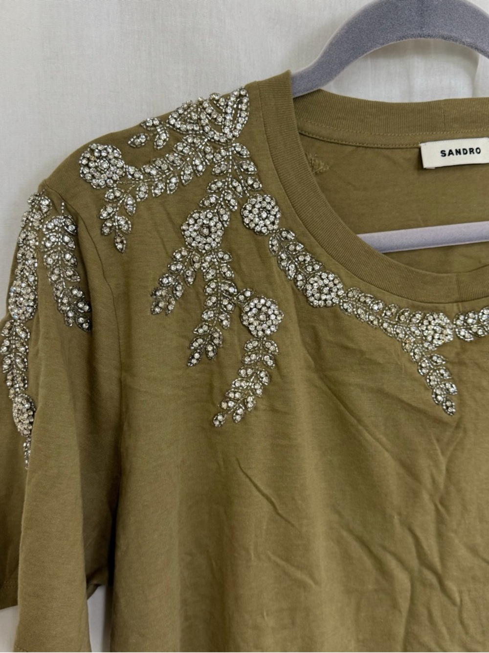 NEW Sandro Olive Green Rhinestone Embellished T-Shirt Size 4 US XL - Picture 7 of 11